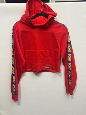 Pony Red Cropped Hoodie with Blue and Yellow Logo Sleeves size Medium